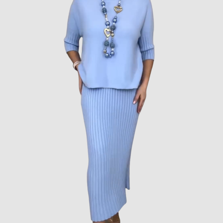 Delyssa™ Elegant 2-Piece Set | Relaxed Top and Ribbed Midi Skirt