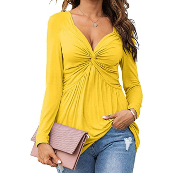 Emma | Casual V-Neck Front Knotted Blouse with Long Sleeves