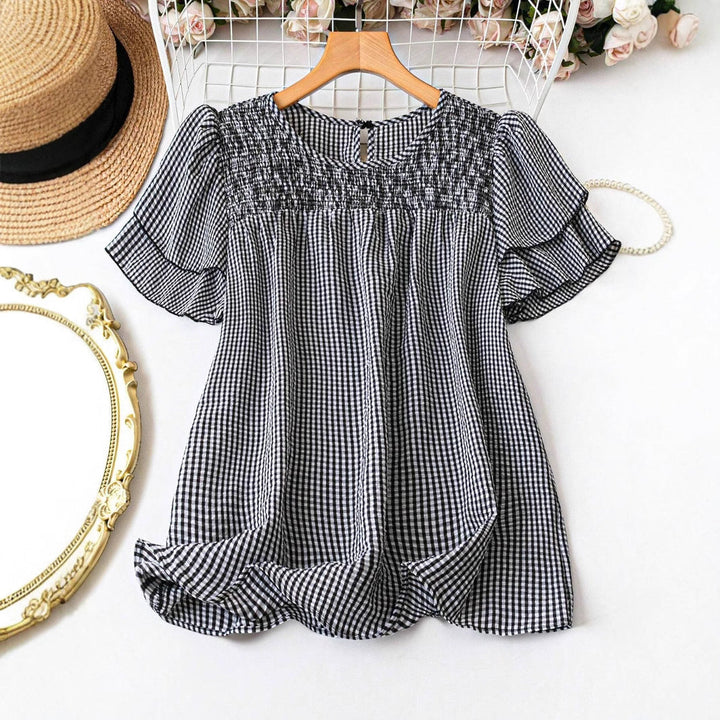 Kristel Vintage Flowy Checkered Puff Sleeve Blouse | Timeless Retro Top