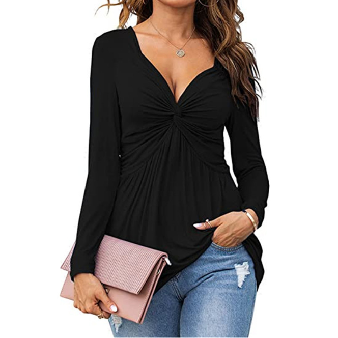 Emma | Casual V-Neck Front Knotted Blouse with Long Sleeves
