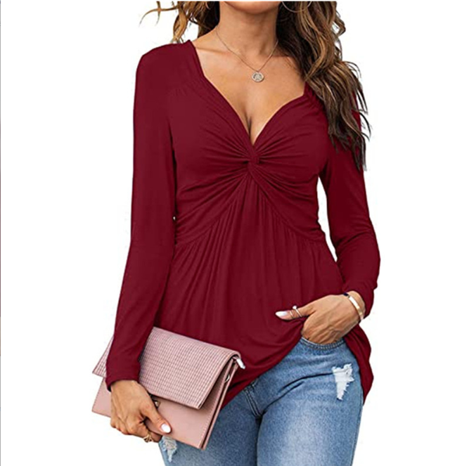 Emma | Casual V-Neck Front Knotted Blouse with Long Sleeves